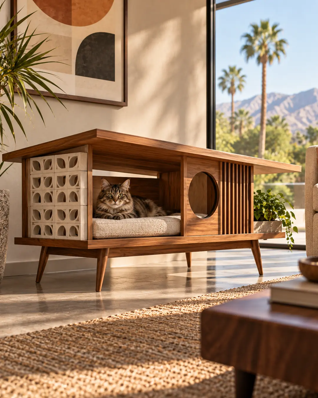A cat relaxes inside a mid-century modern walnut cat house featuring geometric details, a cozy bed and integrated greenery.