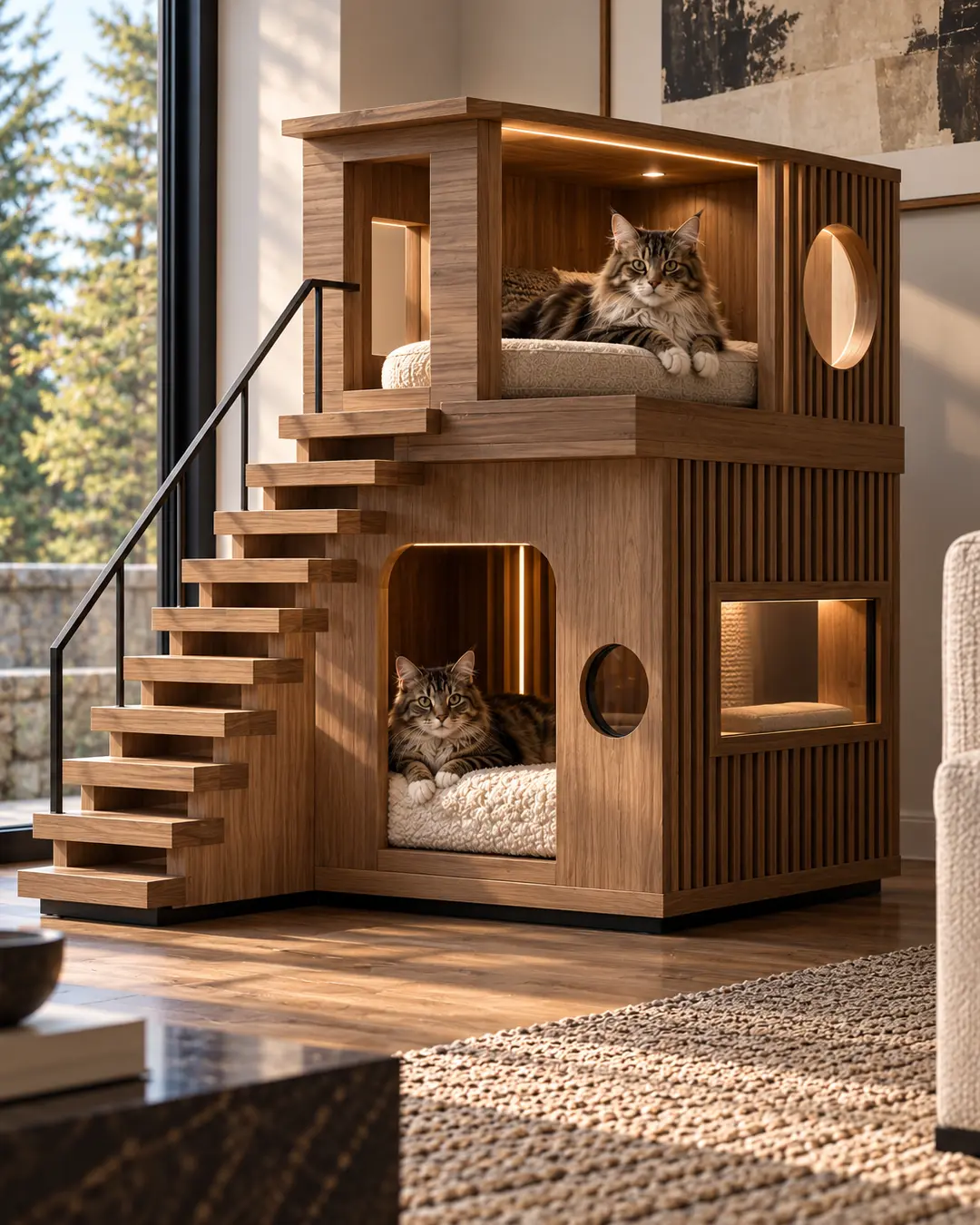 Two cats relax in an elaborate two-storey walnut cat house with real stairs, multiple sleeping areas and modern architectural details.