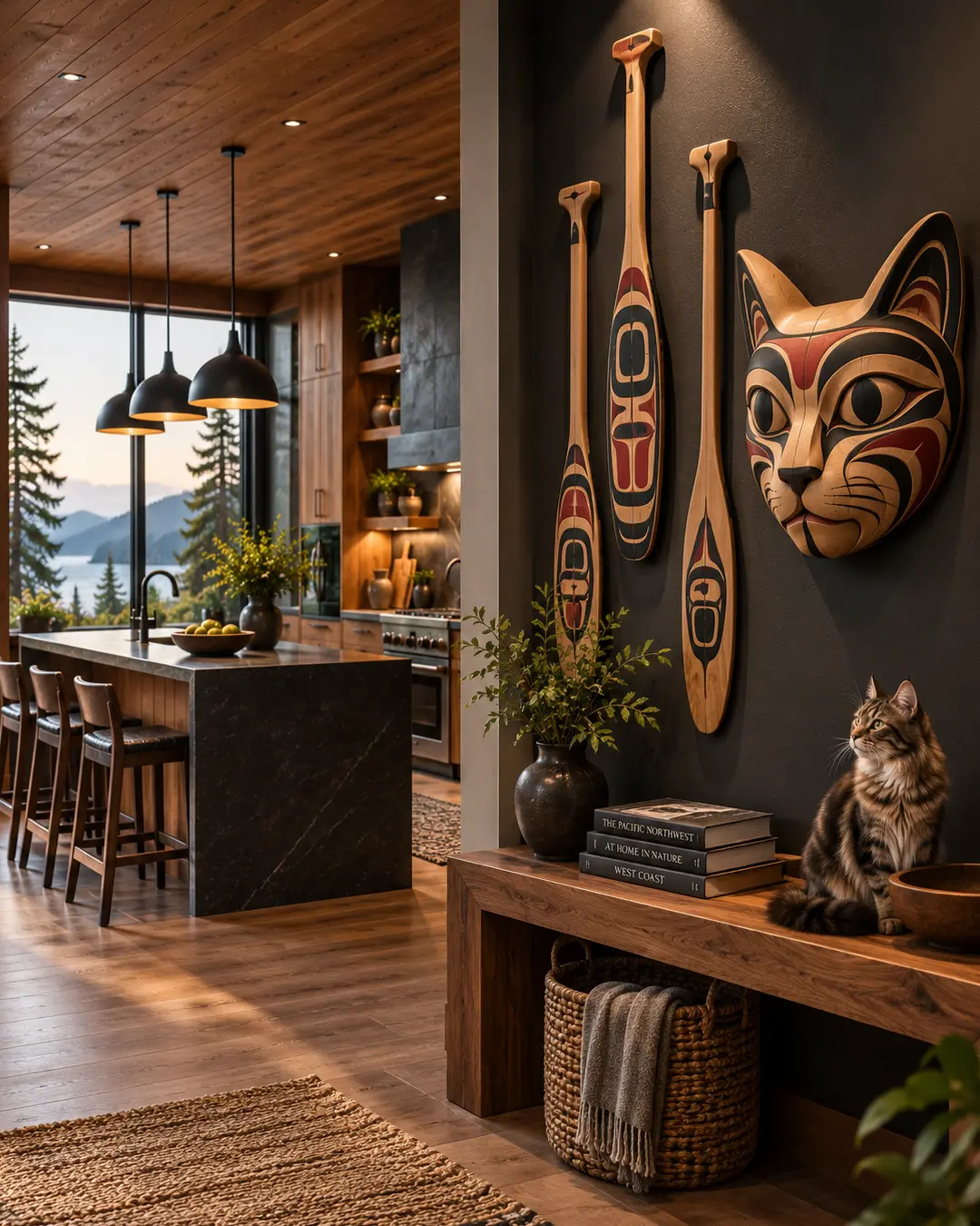 West Coast entryway with Indigenous-inspired carved wood art, warm natural materials, mountain views and a cat perched on the console.