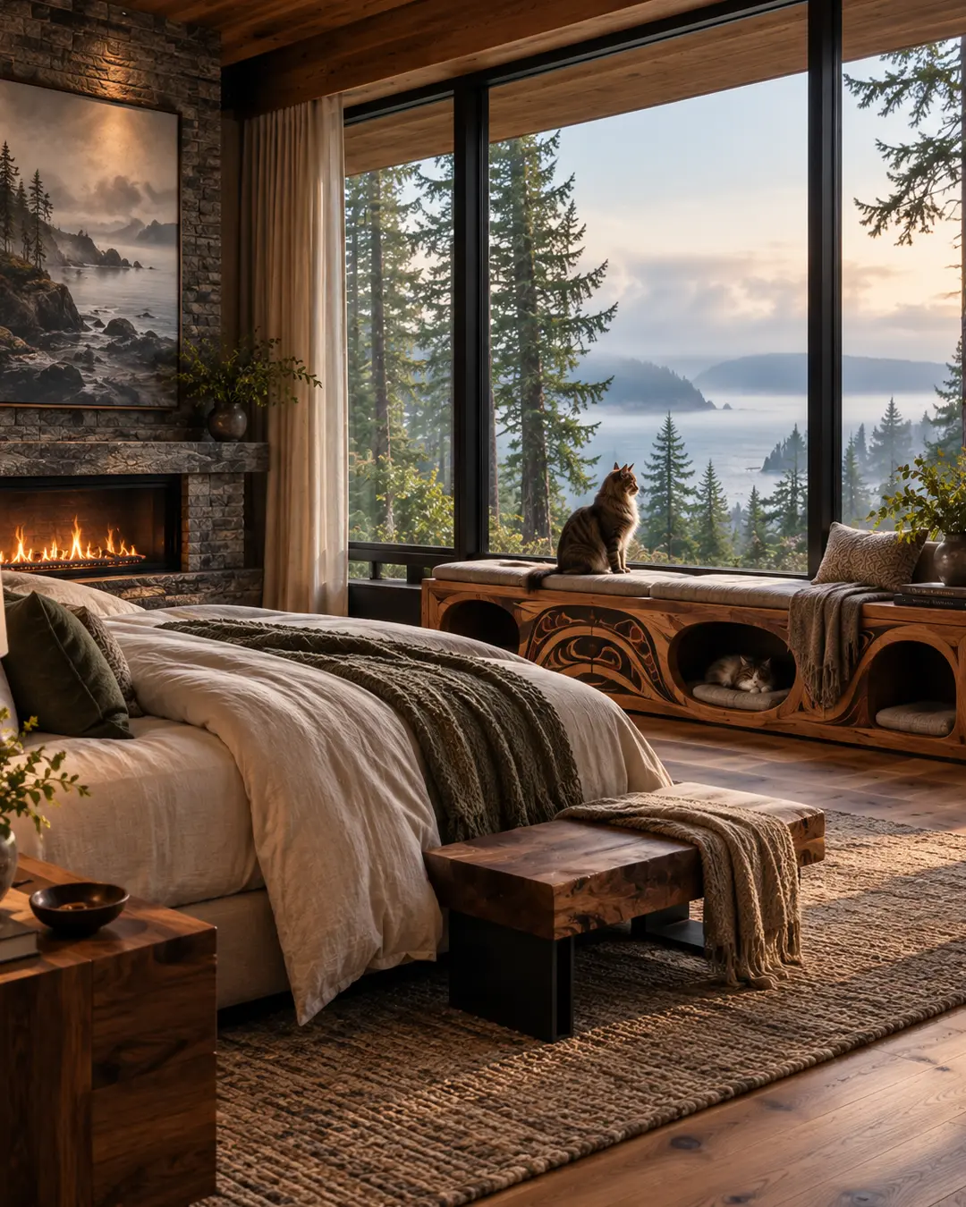 Cozy West Coast bedroom with ocean views, a stone fireplace and a custom wood window seat with built-in cat hideaways.