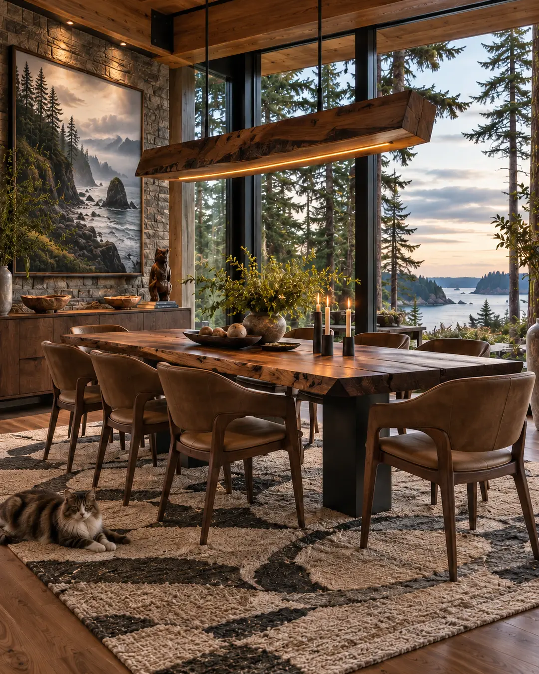 Warm West Coast dining room with live-edge wood furniture, dramatic coastal views, forest artwork and a relaxed cat lounging beneath the table.
