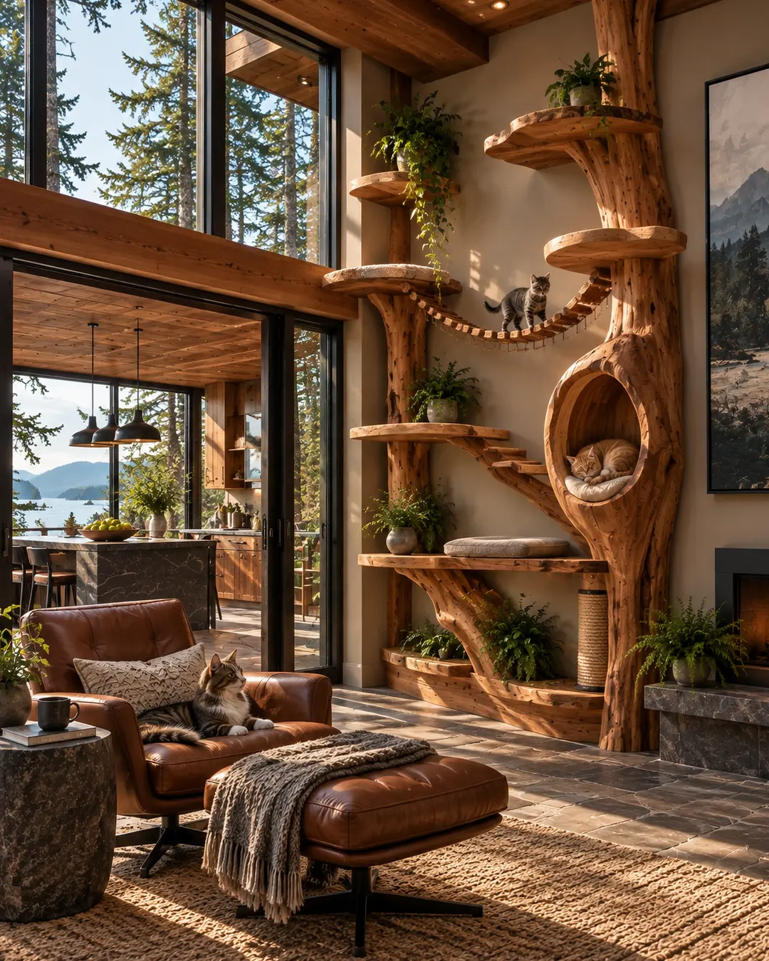Dramatic West Coast living room with a sculptural floor-to-ceiling cedar cat tree, forest views and cats lounging throughout the space.