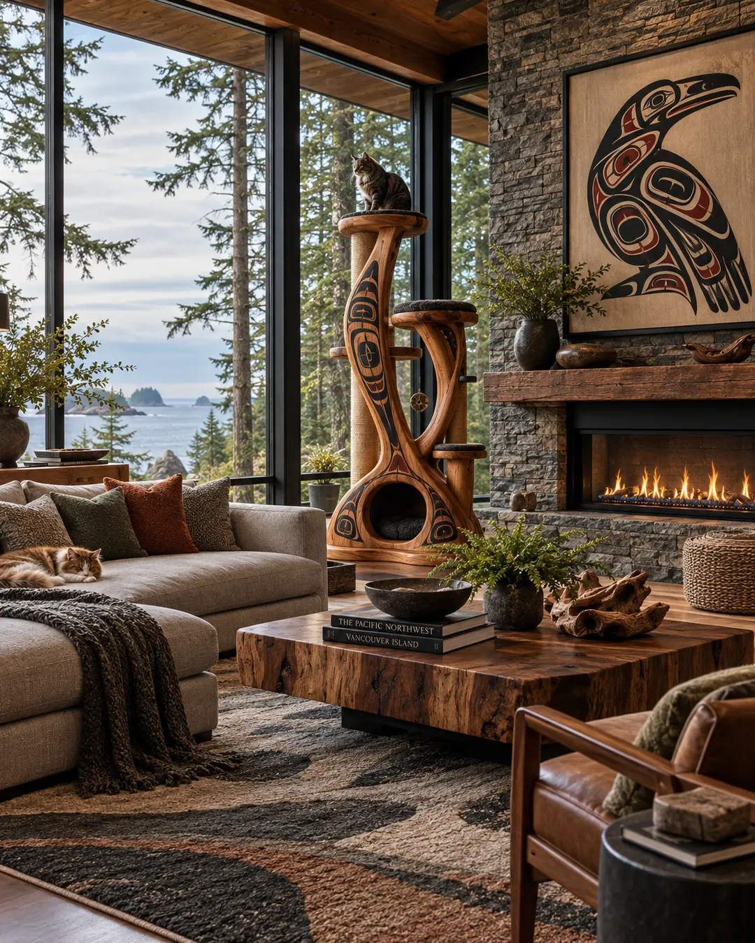 West Coast living room overlooking the ocean, with Indigenous-inspired raven art, a sculptural cat tree and two cats relaxing in the space.