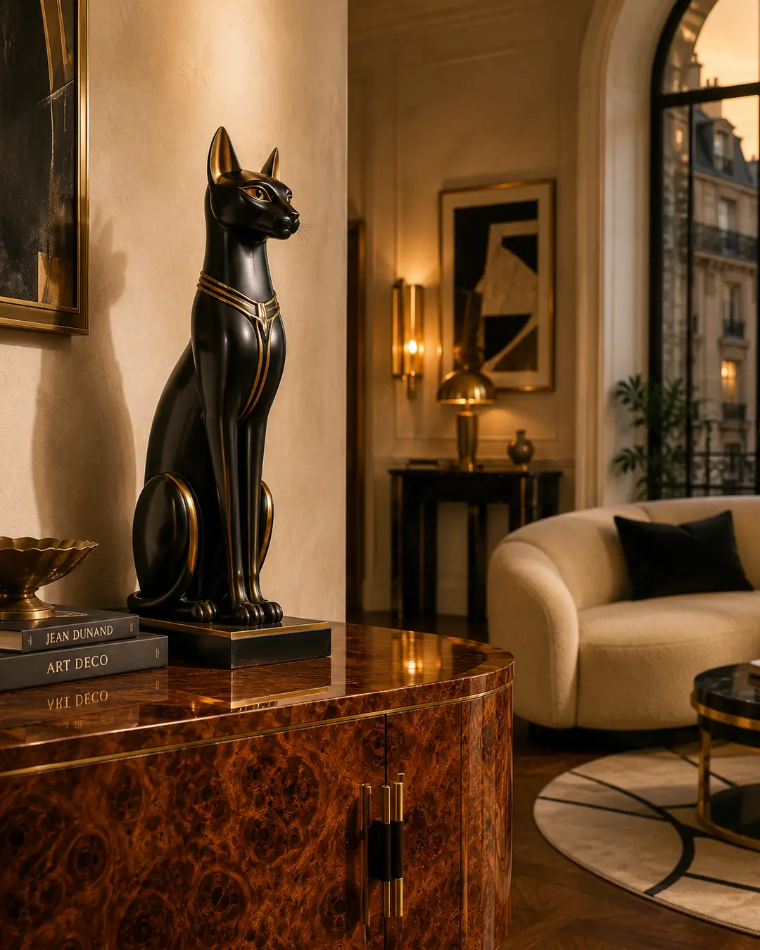 A sleek black Art Deco cat sculpture with brass detailing sits atop a rich burl-wood console in an elegant, warmly lit Parisian-inspired interior.