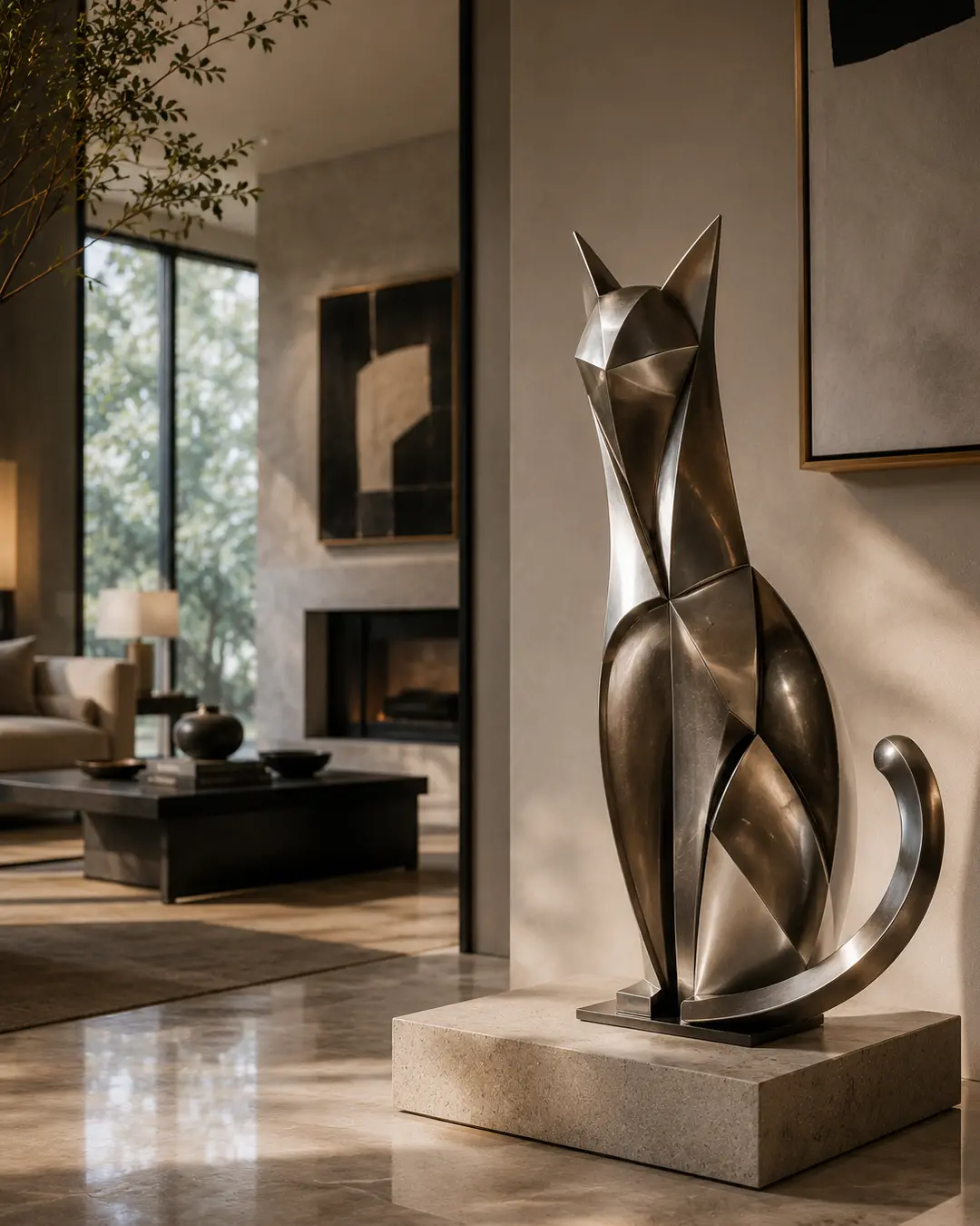 A striking geometric metal cat sculpture stands on a stone pedestal, bringing bold contemporary art and sculptural drama to a sophisticated modern home.