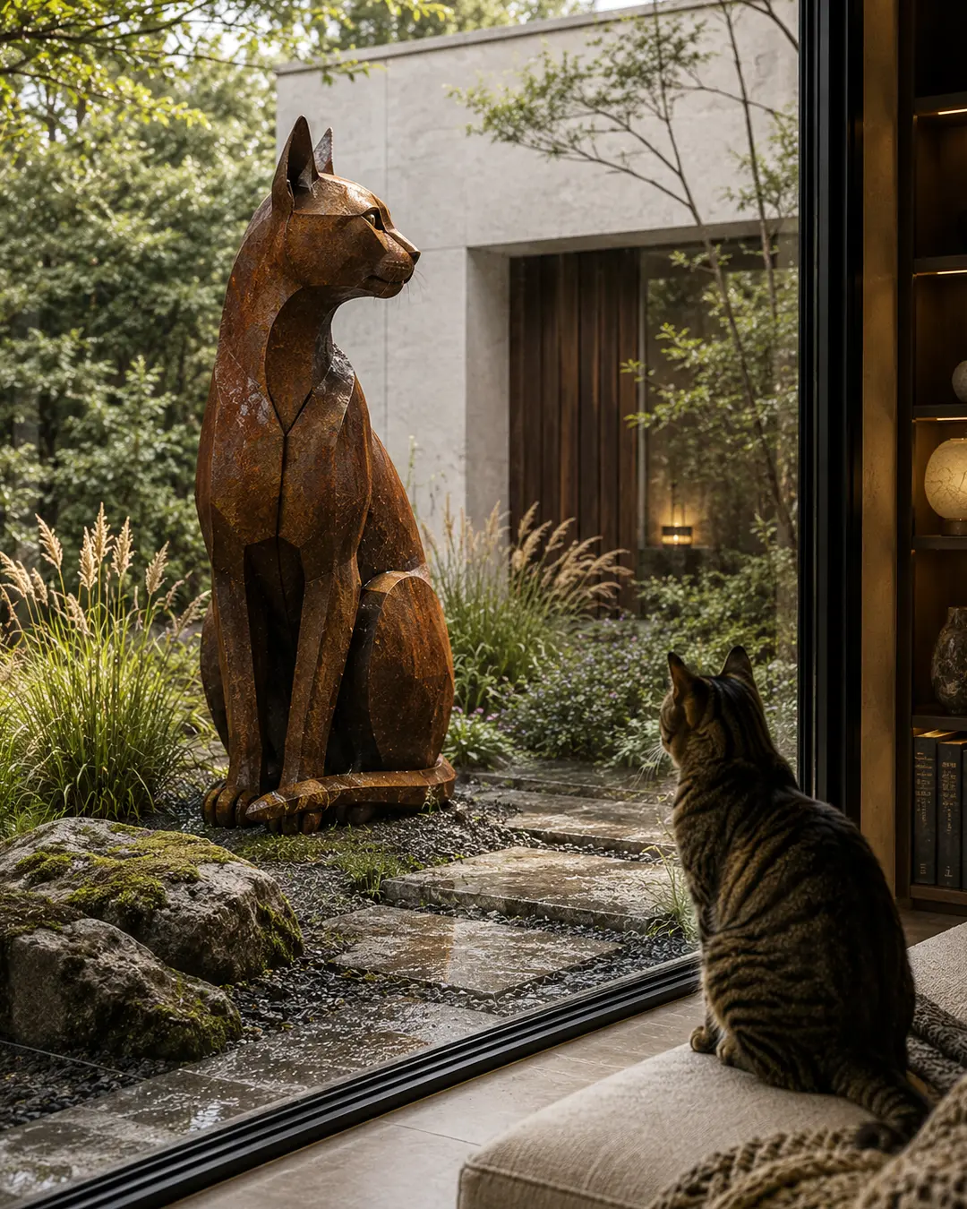 A monumental rusted metal cat sculpture dominates a serene garden while a real tabby watches from inside the contemporary home.