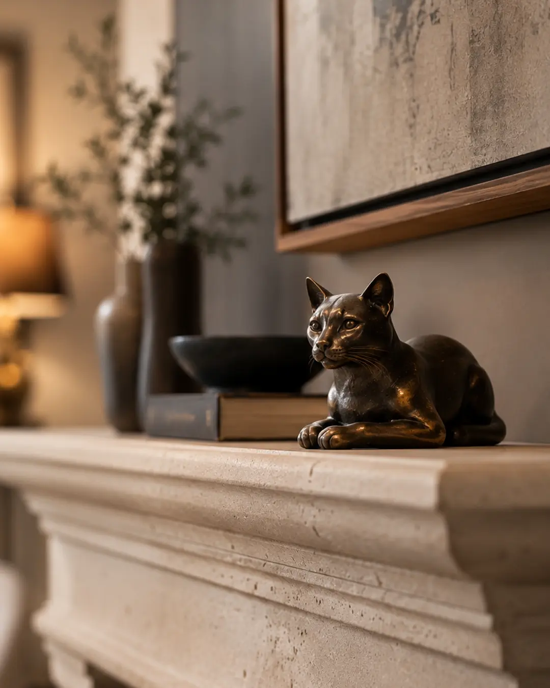 Elegant living room with a limestone fireplace, abstract art, warm neutral furnishings and a small bronze cat sculpture on the mantel.