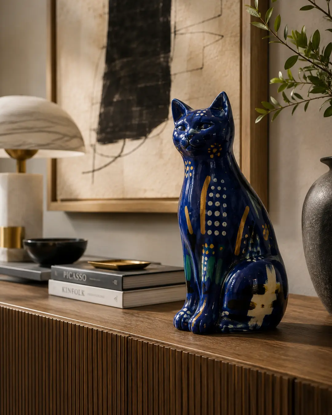 A hand-painted blue ceramic cat sculpture adds bold colour and artistic personality to a warm contemporary interior filled with natural wood and modern art.