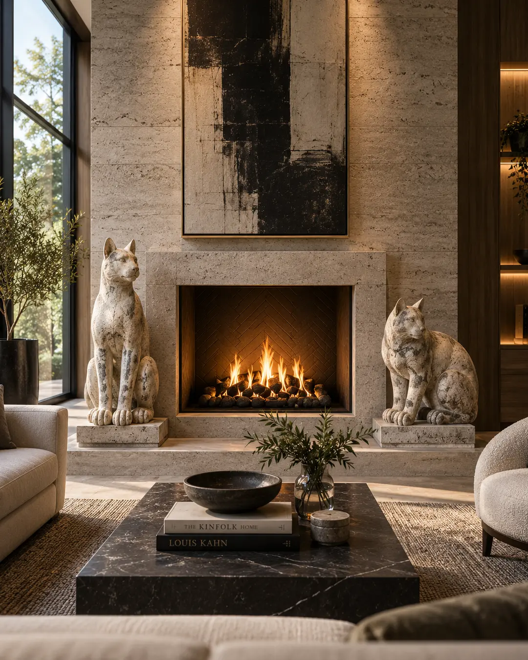 Two sculptural stone cats flank a contemporary fireplace, creating a dramatic symmetrical focal point in a luxurious modern living room.