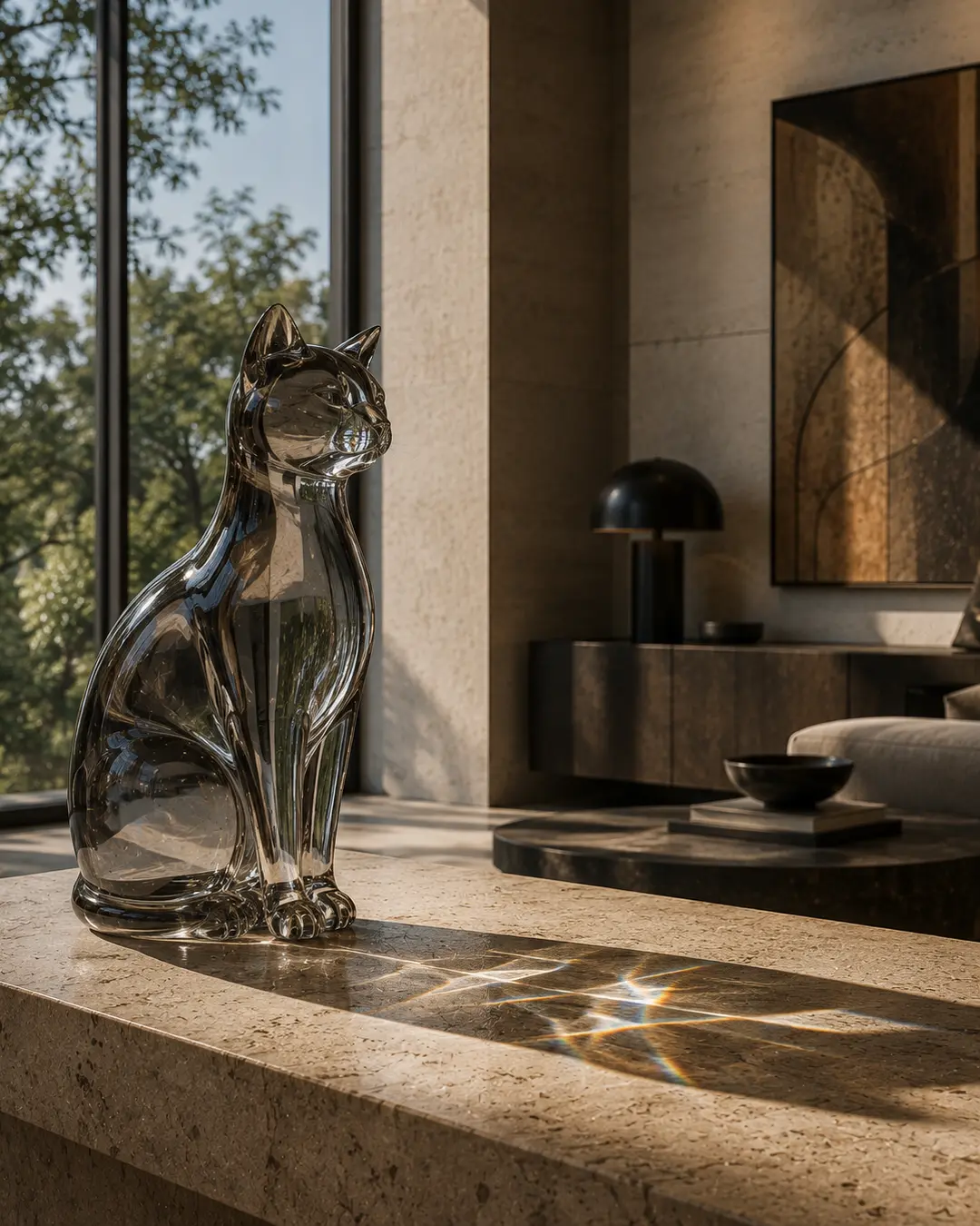 A clear glass cat sculpture catches the sunlight in a luxurious contemporary interior, casting beautiful reflections across a natural stone table.