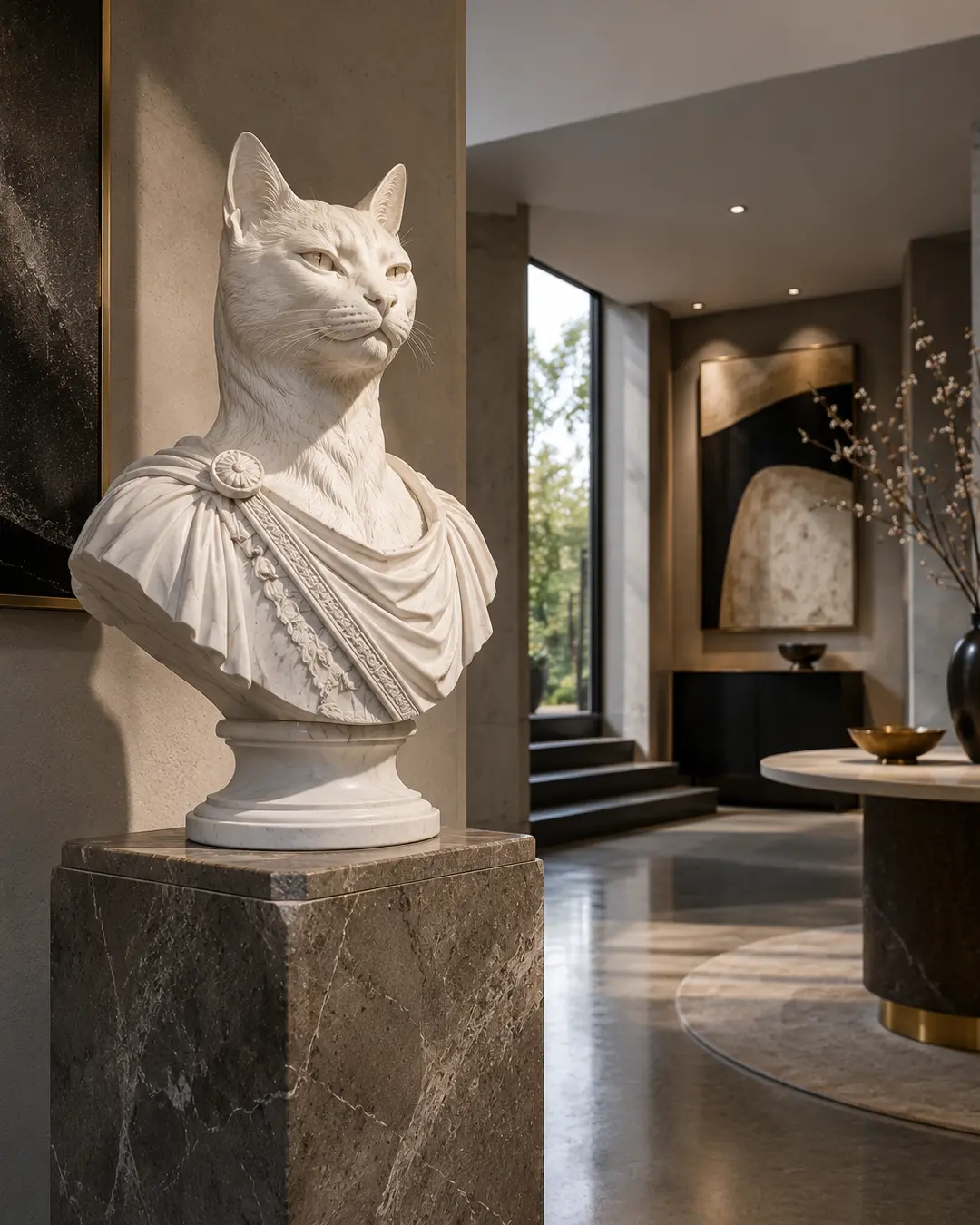 A classical white marble bust of a regal cat in Roman-style drapery stands on a stone pedestal in a sophisticated contemporary interior.