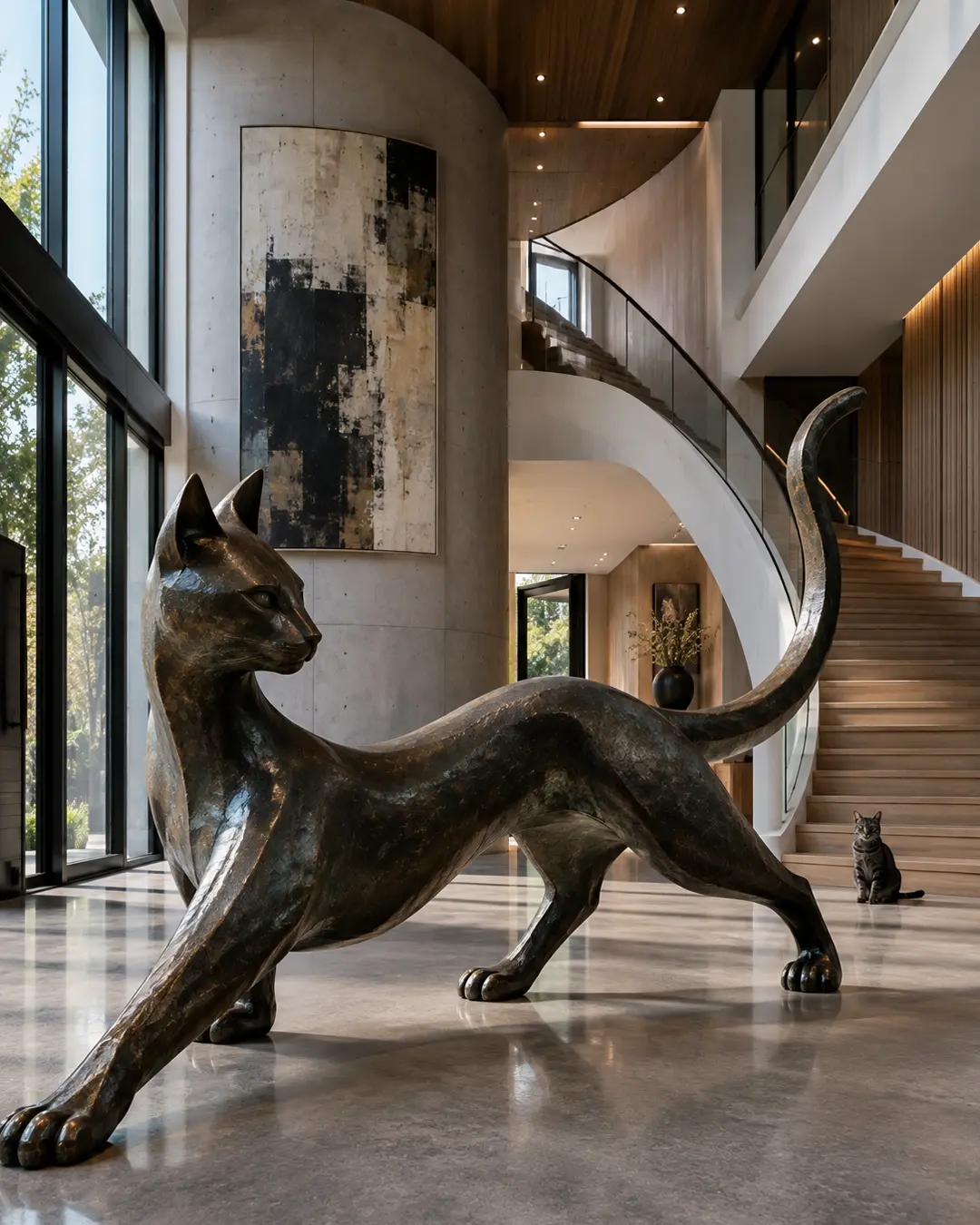 Monumental bronze cat sculpture commands a dramatic modern foyer with soaring windows, curved stairs, warm wood and abstract art.