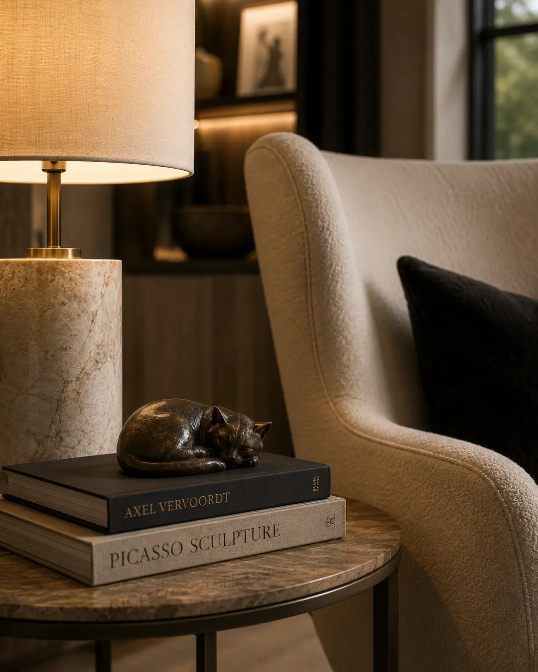 A small bronze sleeping cat sculpture rests atop art books beside a luxurious cream chair, bringing a quiet touch of feline art to the room.