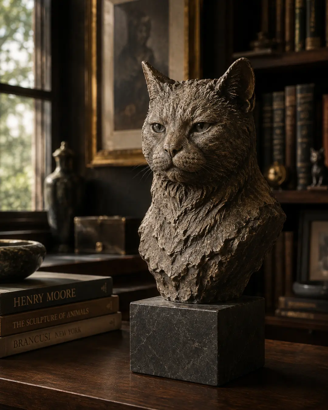 A richly textured bronze cat bust sits on a dark stone pedestal, bringing sculptural character to a moody, sophisticated library.