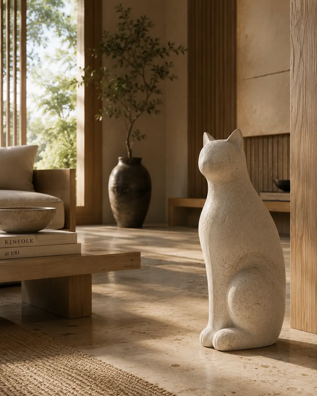 A minimalist stone cat sculpture stands in a serene, sunlit interior of warm wood, natural textures and quiet Japanese-inspired design.