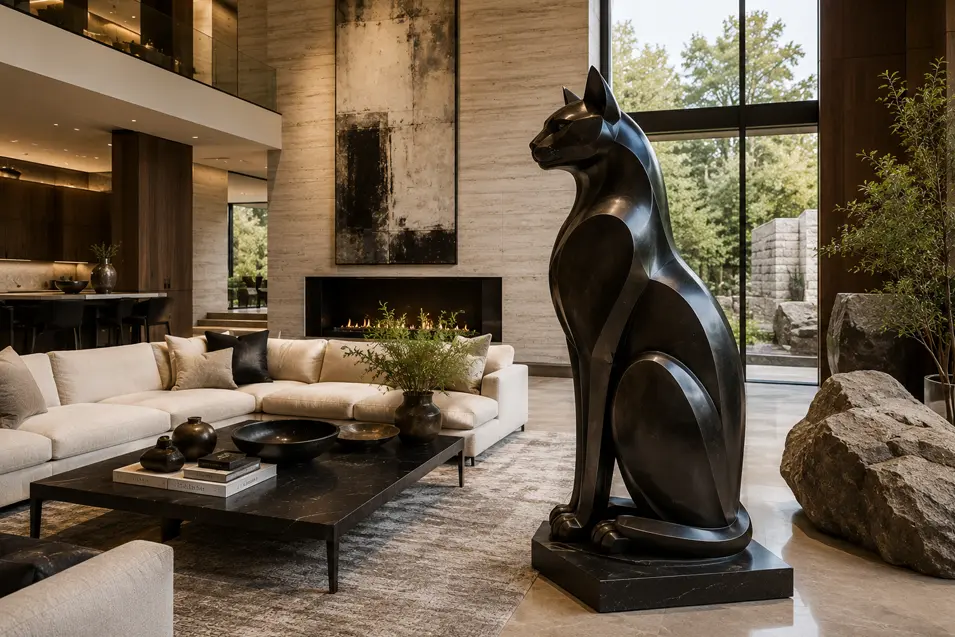 A monumental black metal cat sculpture commands attention in a luxurious modern living room of stone, warm wood and dramatic architecture.
