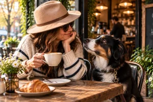 An older man enjoys coffee while his dog rests beneath the table in a warm, welcoming neighbourhood café.