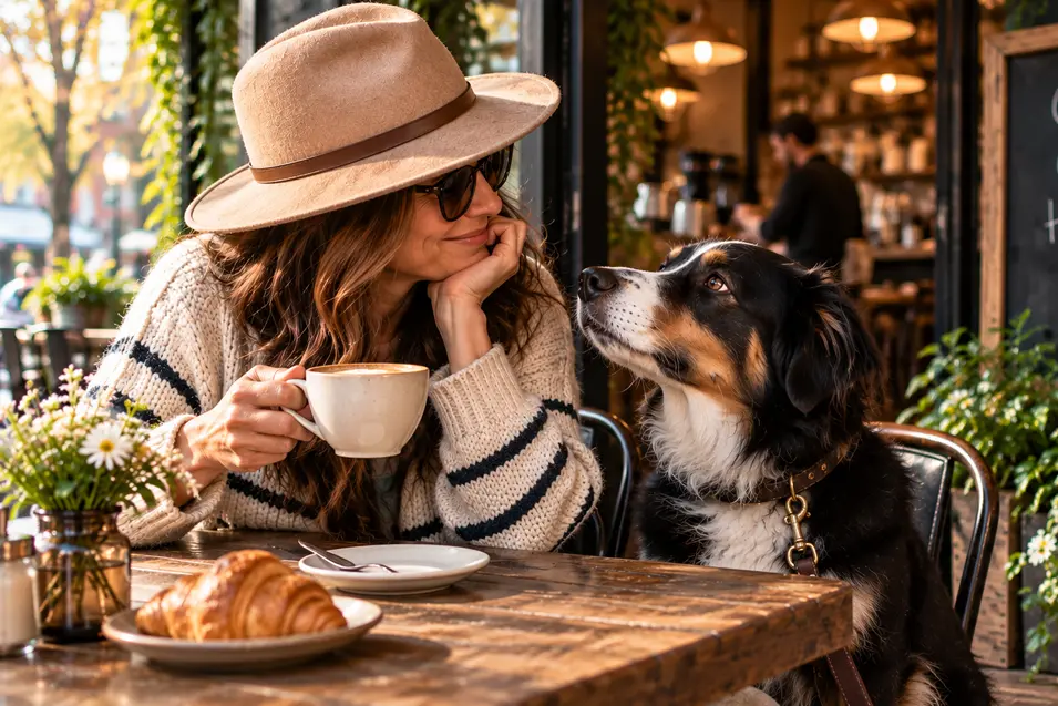An older man enjoys coffee while his dog rests beneath the table in a warm, welcoming neighbourhood café.