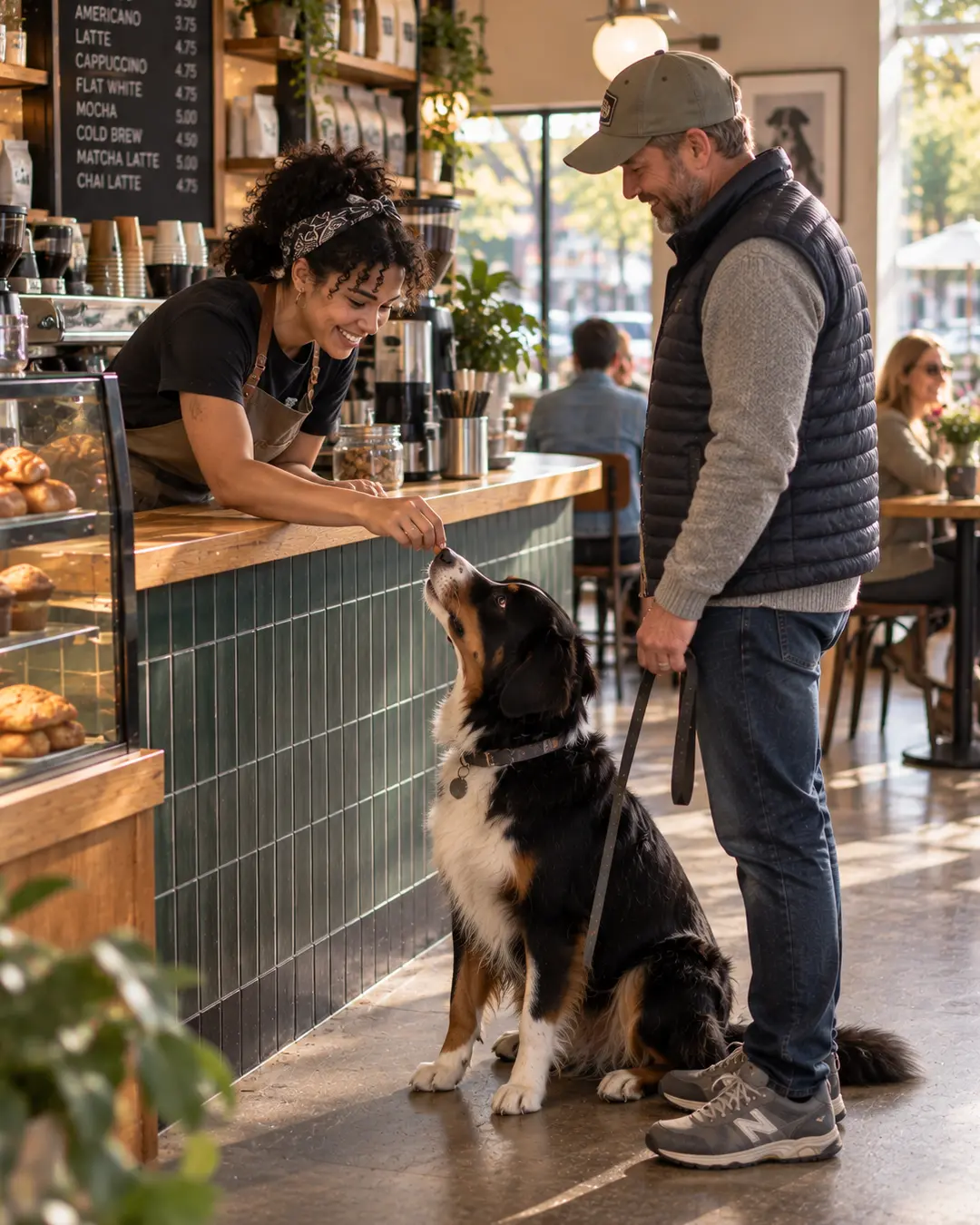 A barista gives a treat to a dog at the café counter while his smiling owner looks on.