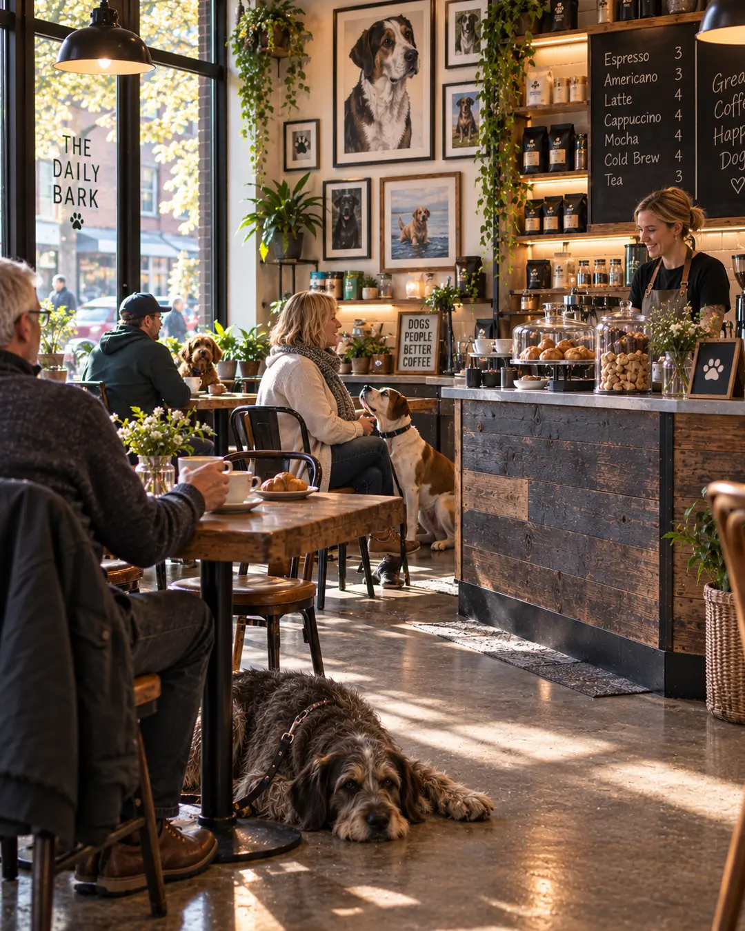 A welcoming dog-friendly café filled with coffee, relaxed customers and dogs enjoying the warm, sunlit space.