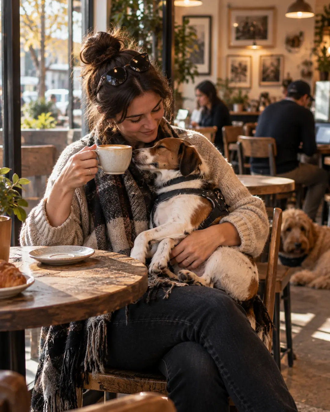 A woman enjoys coffee while cuddling her relaxed dog on her lap inside a warm, sunlit neighbourhood café.