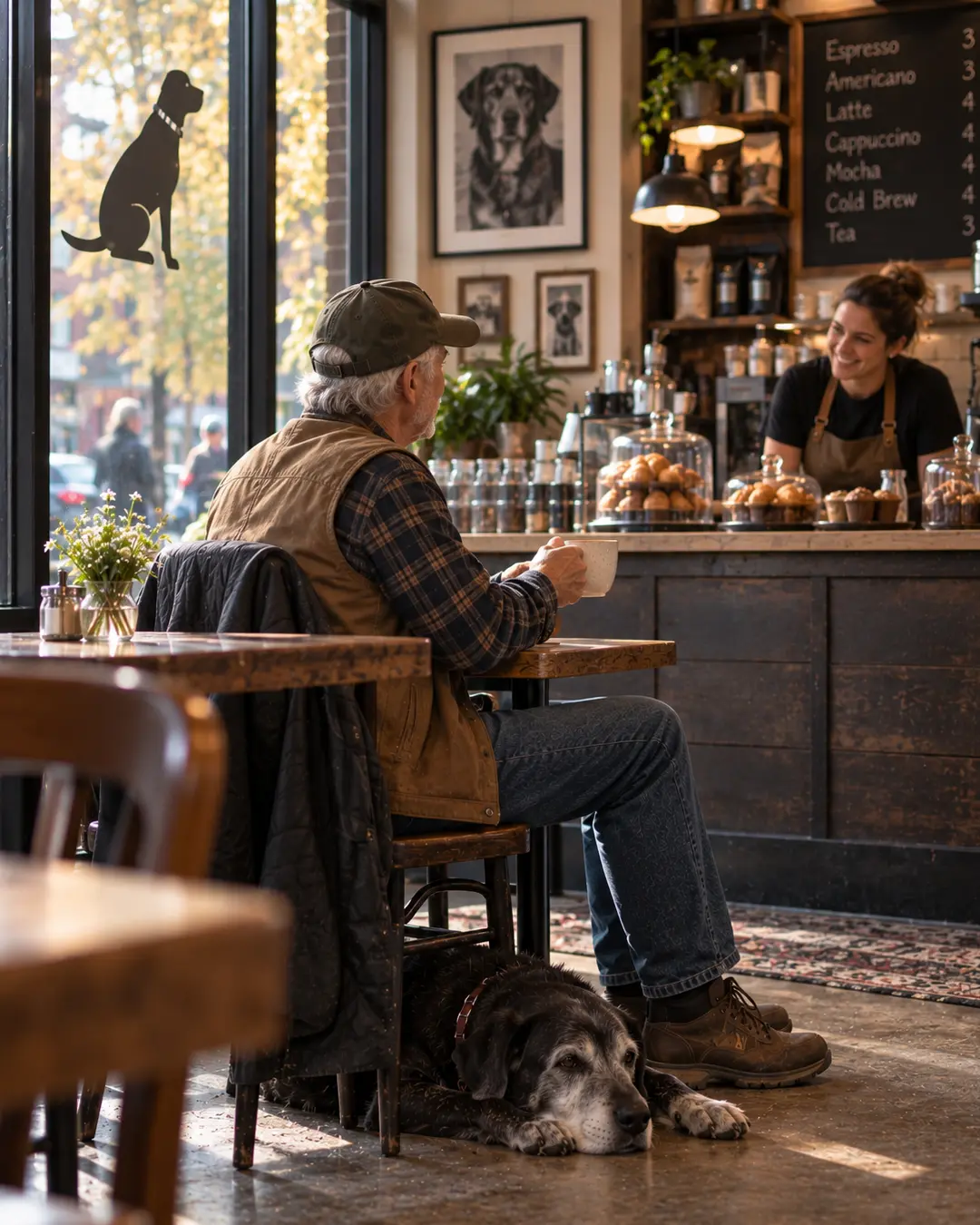 An older man enjoys coffee while his dog rests beneath the table in a warm, welcoming neighbourhood café.