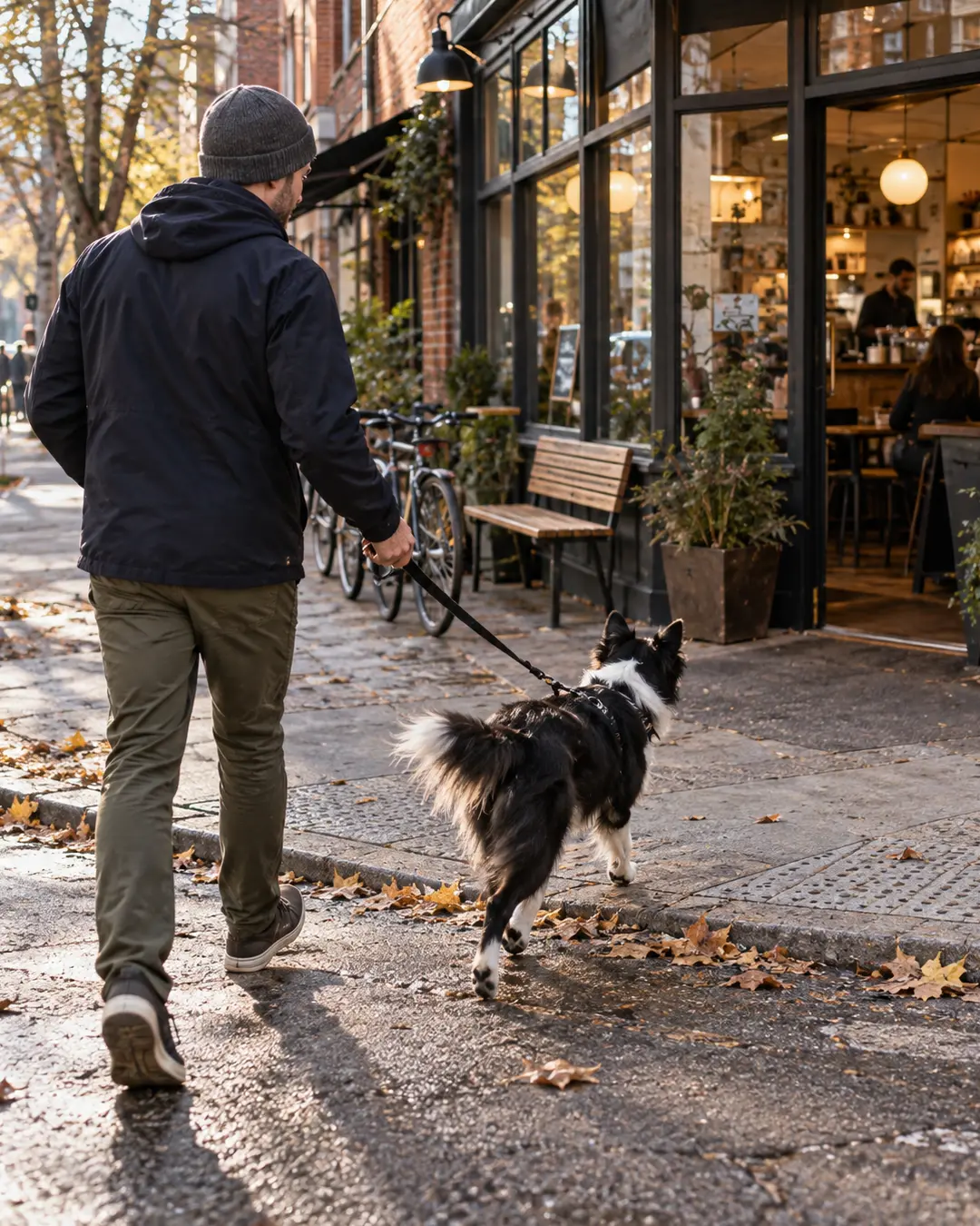 A man and his Border Collie walk toward a cozy neighbourhood coffee shop on a sunny autumn morning.