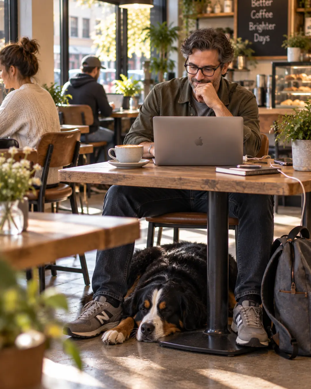 A man works on his laptop over coffee while his Bernese Mountain Dog sleeps peacefully beneath the café table.