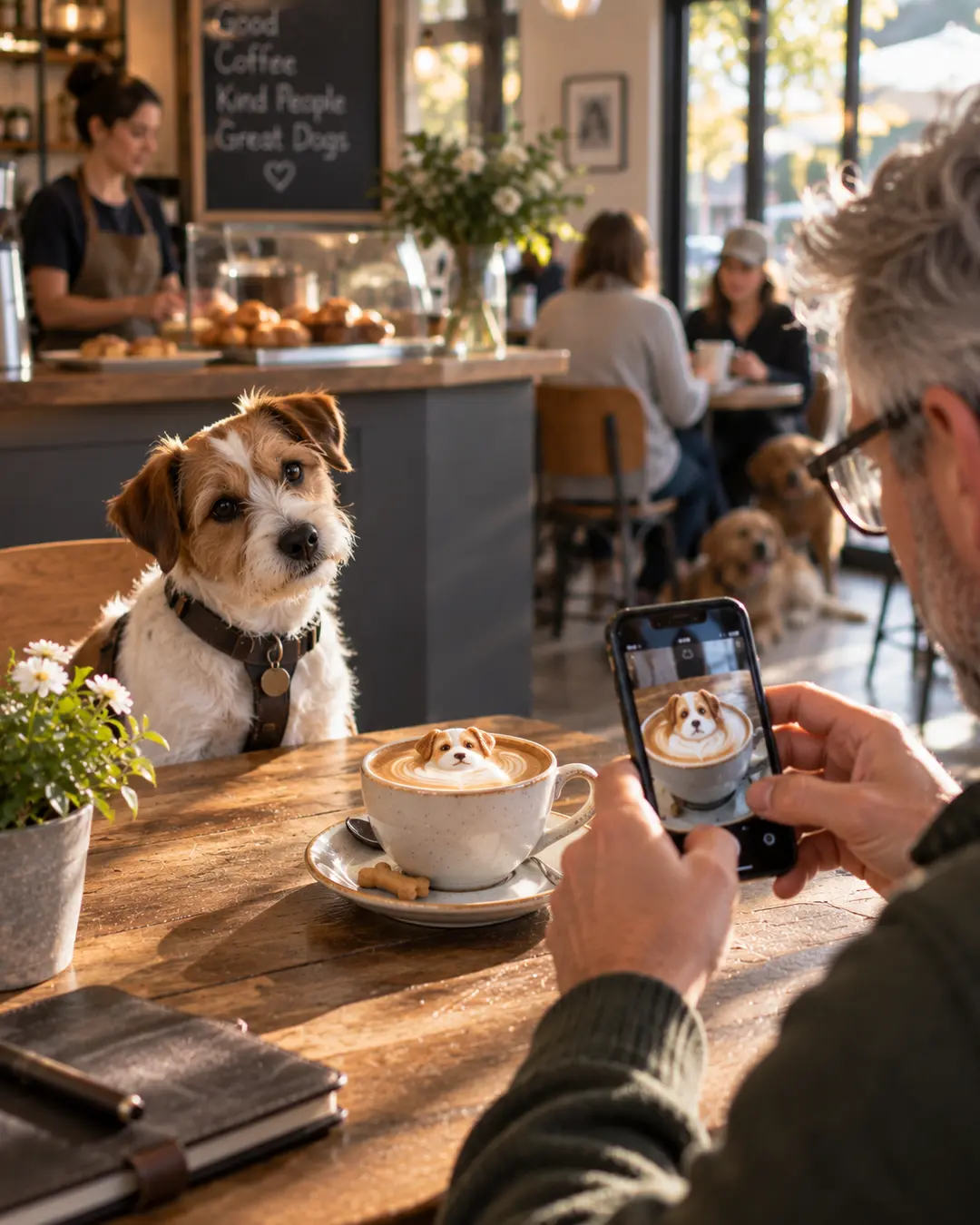 A dog poses beside a latte topped with his likeness while his owner captures the perfect coffee shop photo.