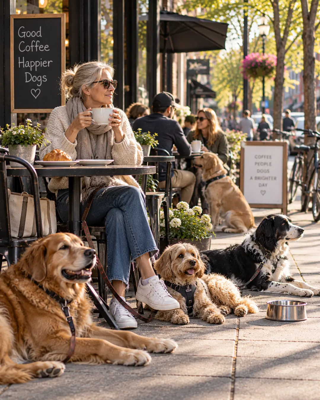 A woman enjoys coffee on a sunny café patio surrounded by relaxed dogs, capturing the easy rhythm of a dog-friendly neighbourhood.