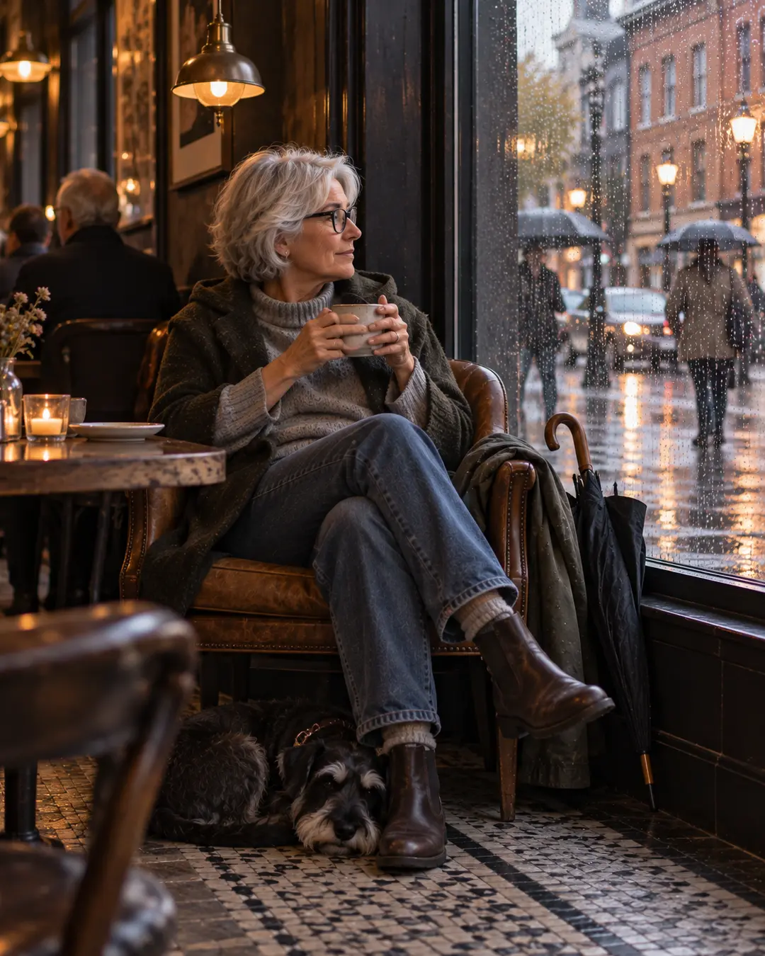 A woman enjoys a warm coffee by a rain-streaked café window while her dog rests quietly at her feet.