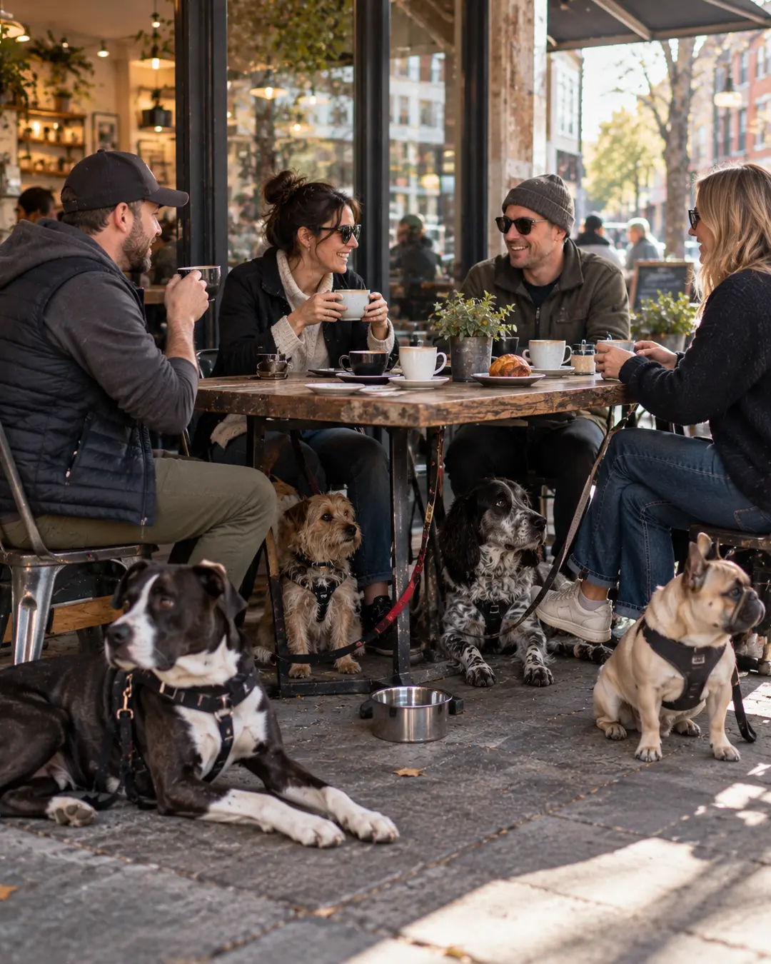 Four friends enjoy coffee together at a sunny neighbourhood café while their dogs relax around and beneath the table.