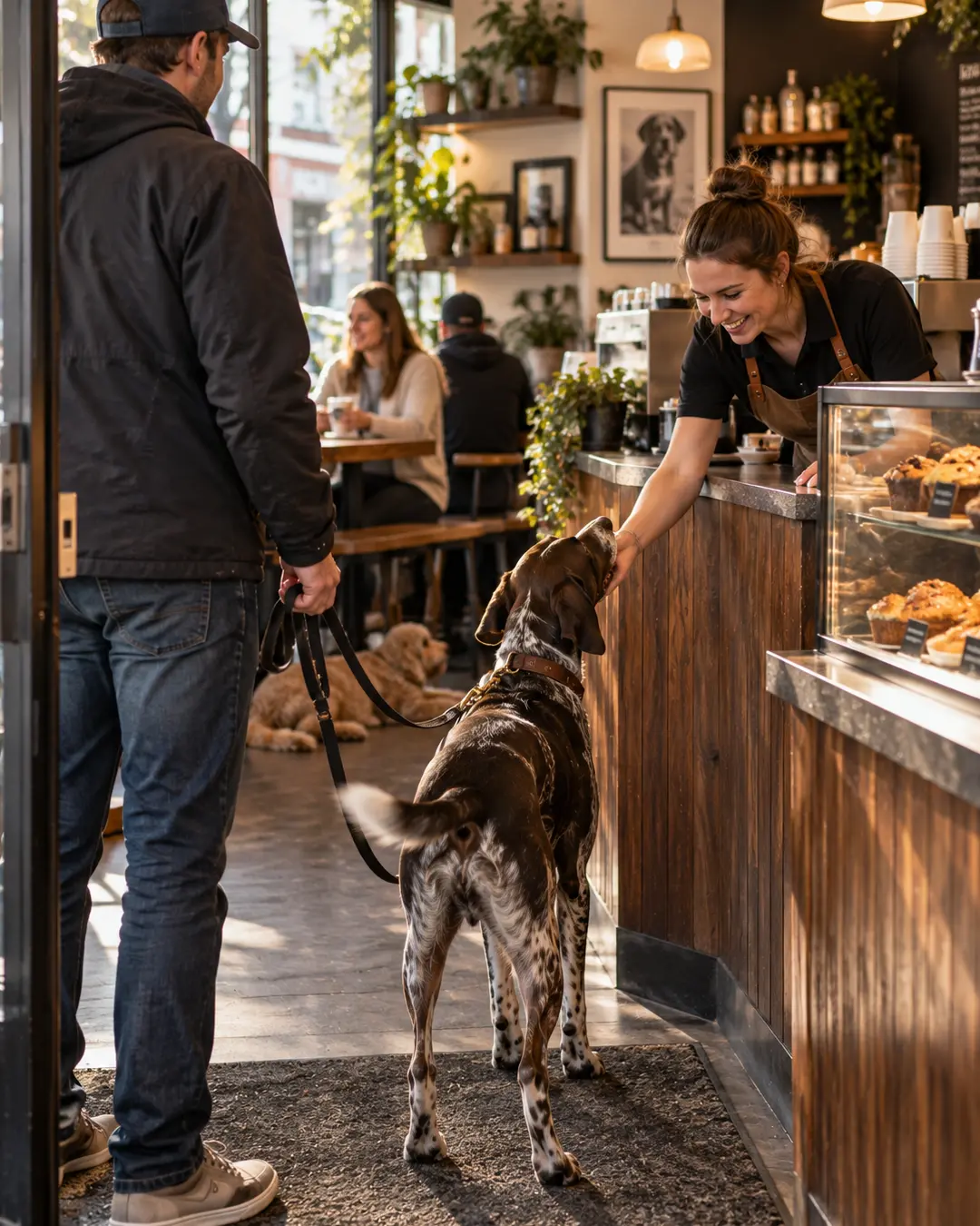 A barista warmly greets a customer’s dog at the counter inside a sunny, welcoming neighbourhood coffee shop.