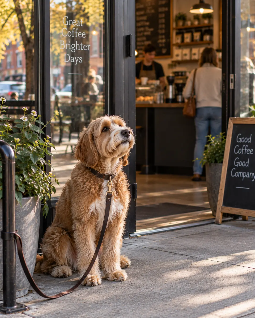 A dog waits patiently outside a neighbourhood coffee shop while his owner heads inside for coffee.