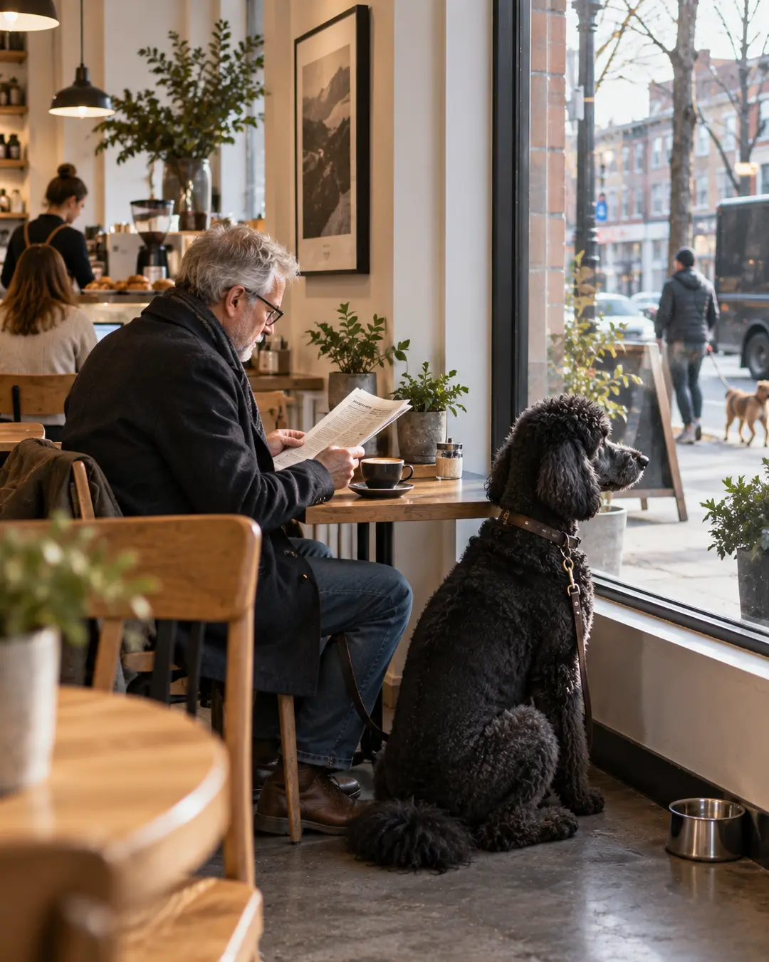 A man reads the newspaper over coffee while his large black Poodle quietly watches the street from a sunny café window.