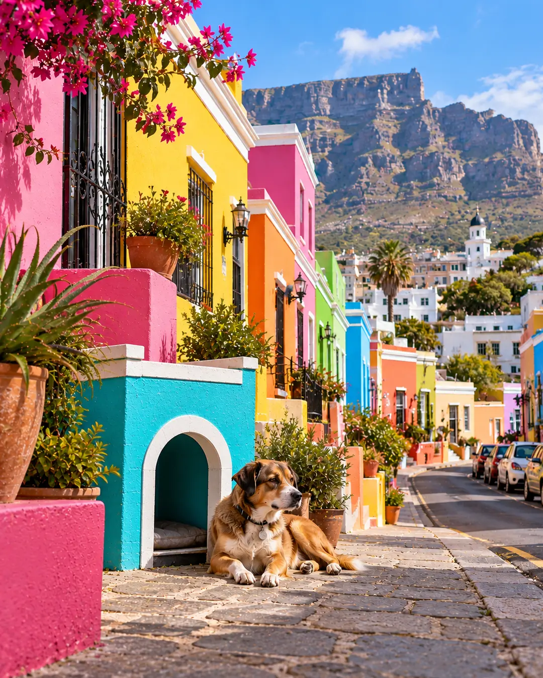 A turquoise dog house joins the brilliantly coloured streets of Bo-Kaap, with a relaxed dog, vivid homes, flowers and Table Mountain beyond.
