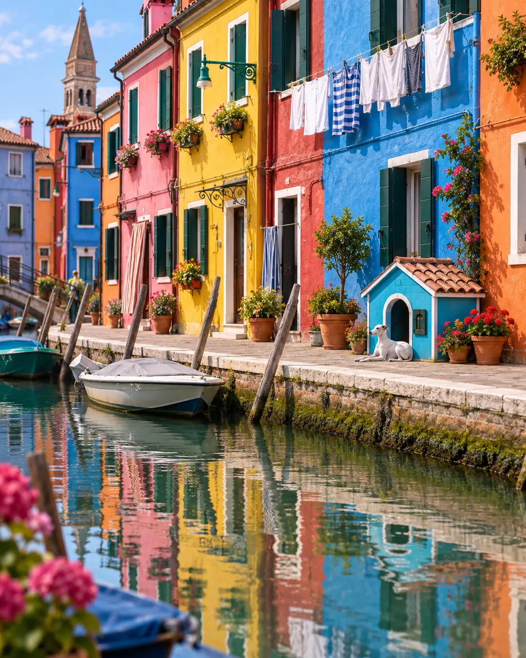 A bright Burano canal lined with colourful homes, laundry, boats and flowers, with a blue dog house and relaxed white dog by the water.