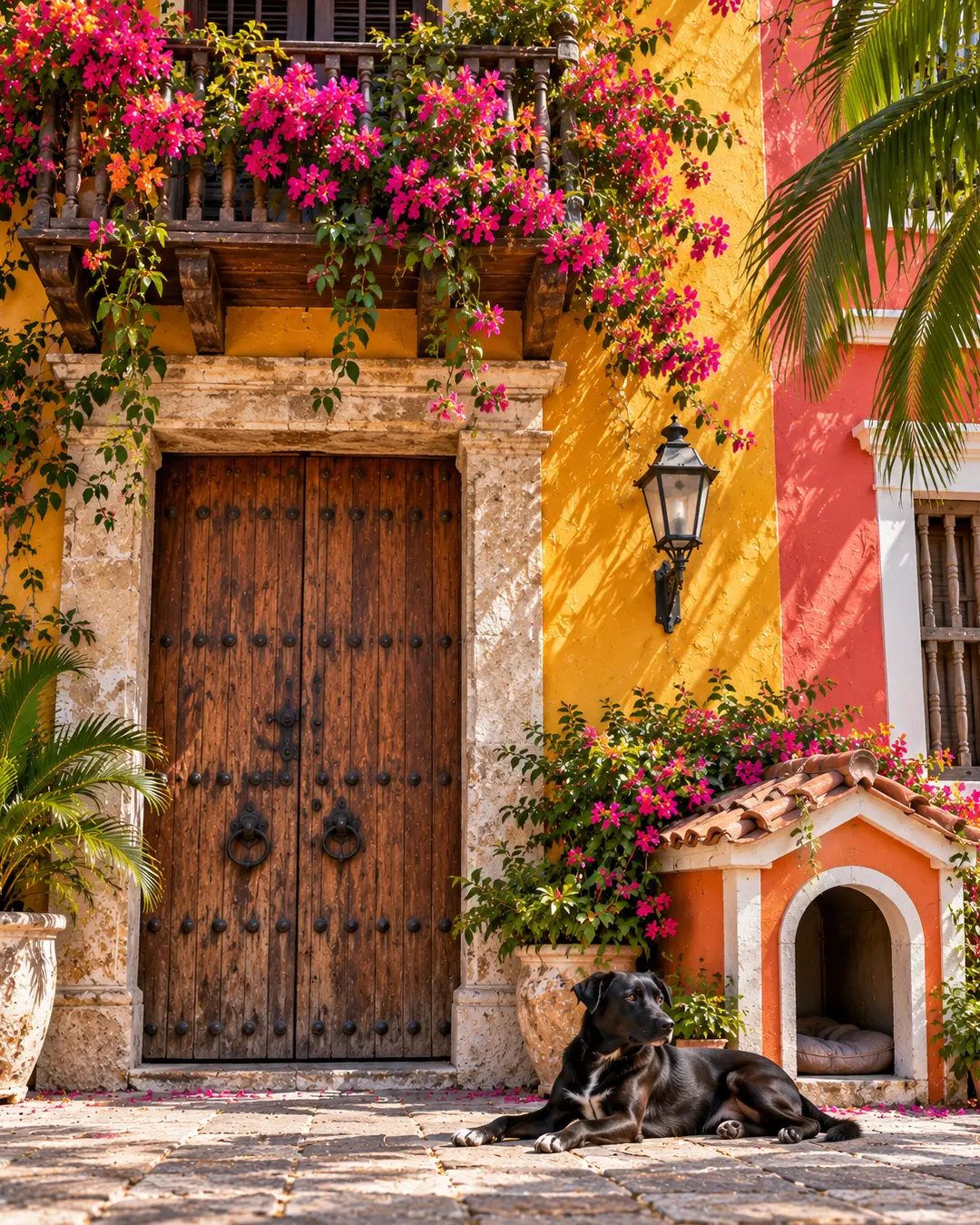 A terracotta dog house complements Cartagena’s colourful colonial architecture, with a relaxed dog, bougainvillea, palms and a grand wooden doorway.