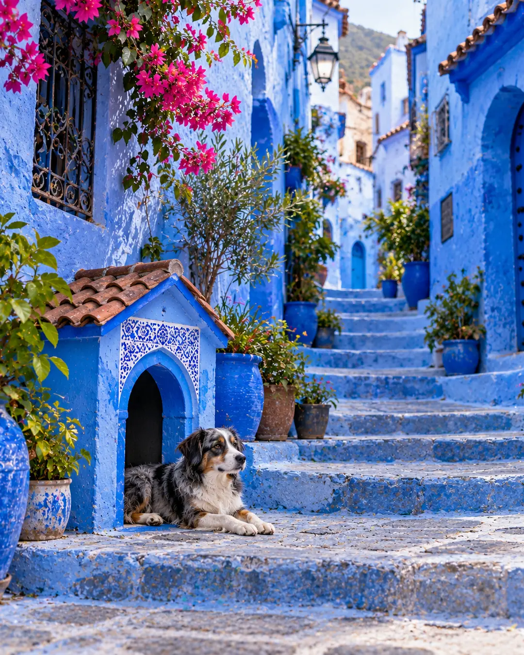A blue-and-white dog house blends into Chefchaouen’s famous blue lanes, surrounded by tiled steps, colourful flowers and traditional Moroccan details.
