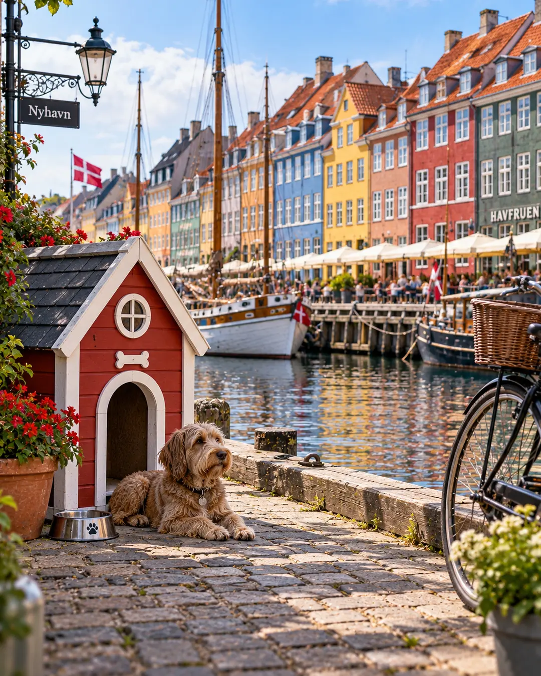 A red dog house sits beside Copenhagen’s colourful Nyhavn waterfront, with a relaxed dog, historic buildings, boats and a classic bicycle.