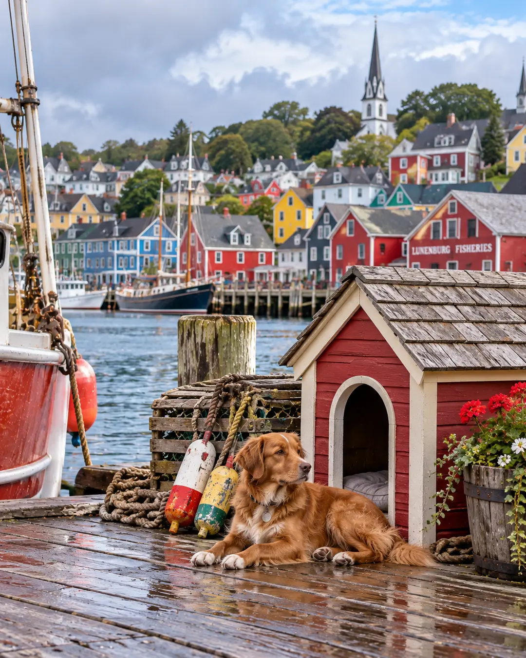 A red dog house sits on Lunenburg’s working waterfront, surrounded by fishing gear, boats and colourful hillside homes beneath church spires.