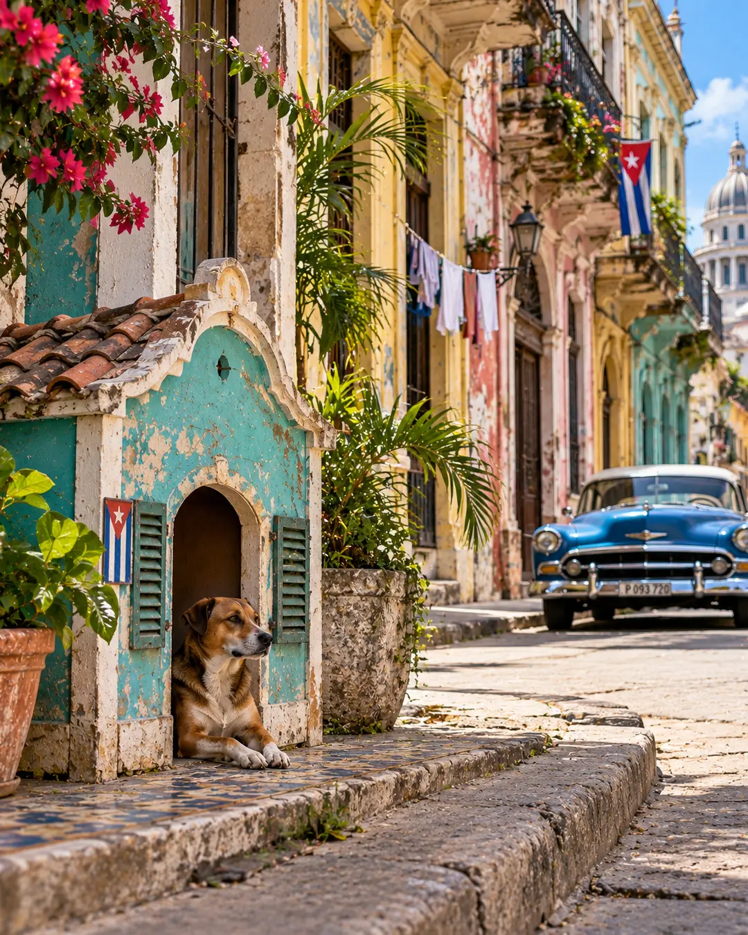 A weathered turquoise dog house blends into a colourful Old Havana street, where a relaxed dog watches from the doorway as a vintage car passes.