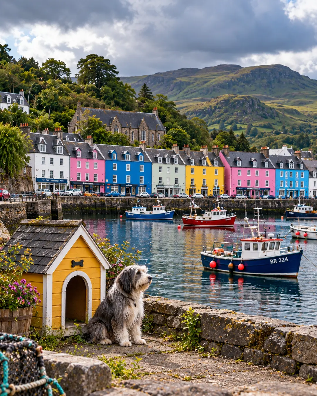 A yellow dog house overlooks Portree’s colourful harbour, where fishing boats, bright waterfront buildings and rugged Scottish hills fill the view.