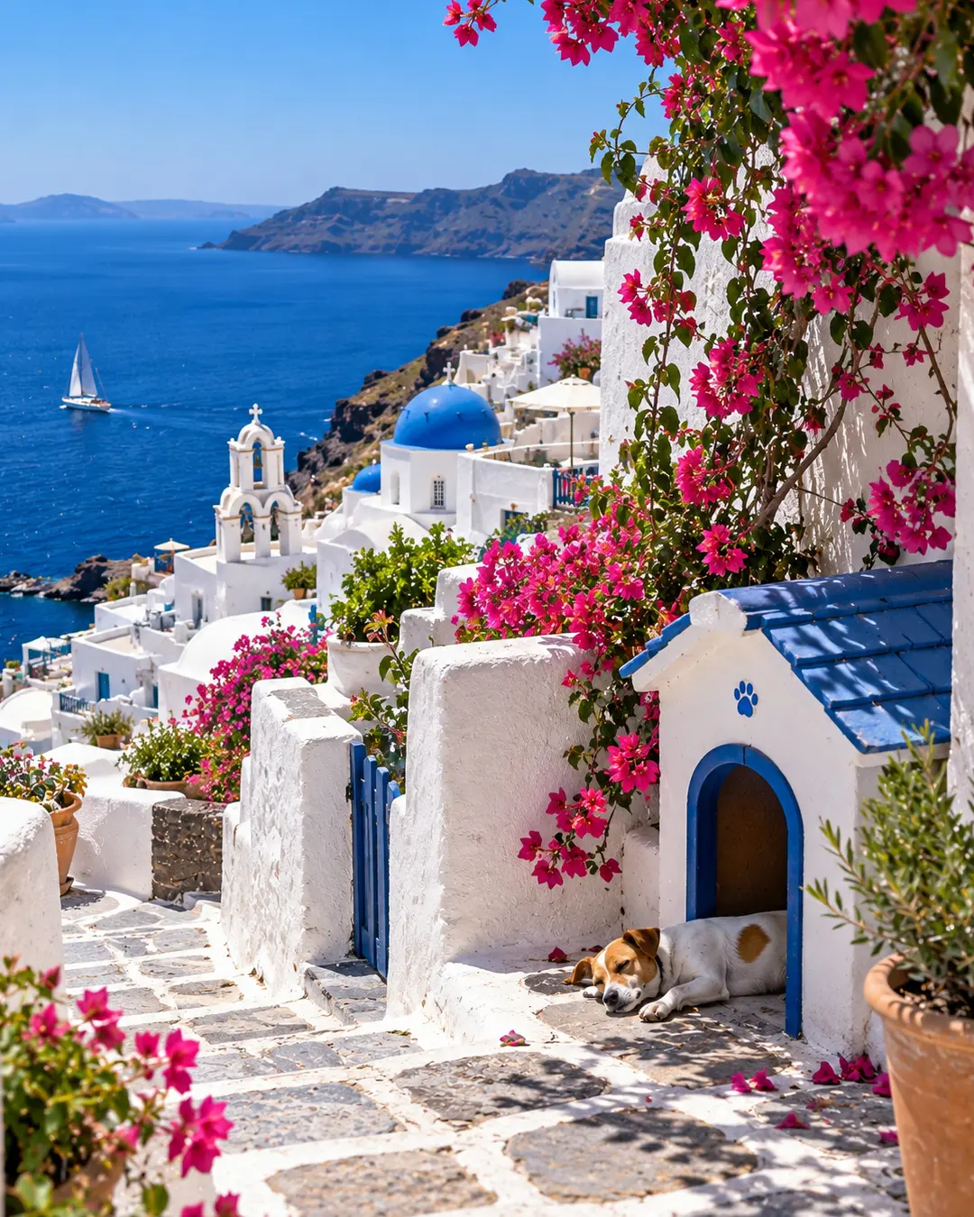 A white-and-blue Greek dog house sits among Santorini’s bougainvillea-covered lanes, overlooking iconic domes and the brilliant Aegean Sea.