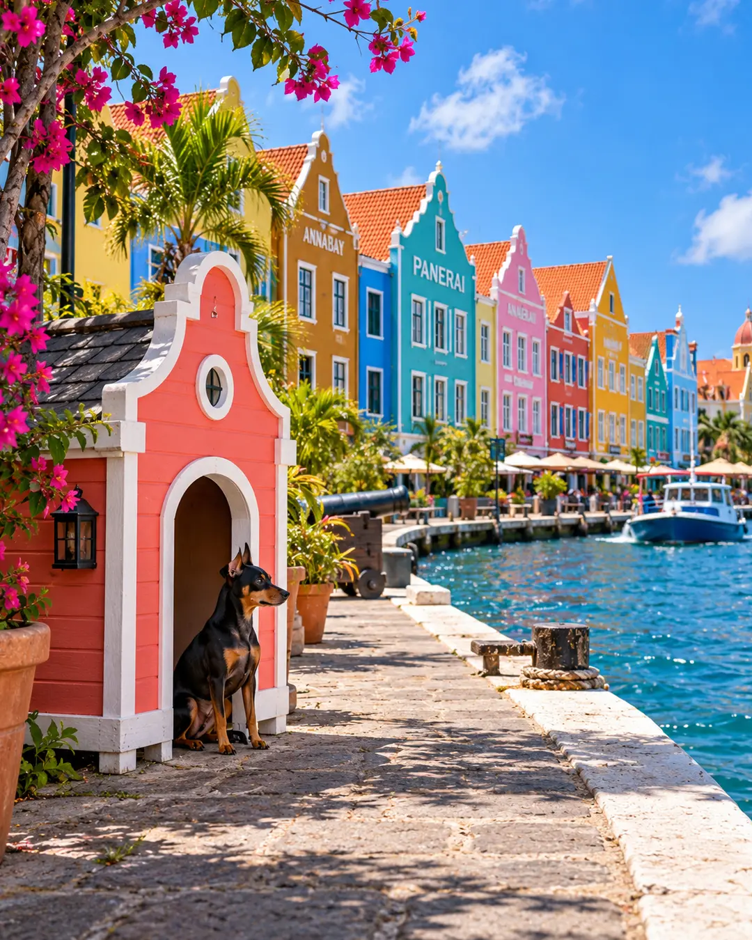 A coral dog house echoes Curaçao’s colourful Dutch architecture beside a sparkling waterfront, with a small dog watching boats in the harbour.