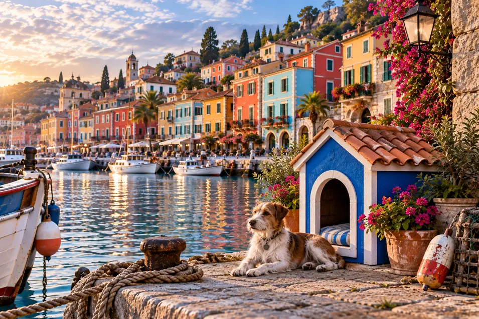 A blue dog house sits beside a colourful Mediterranean harbour, where boats, flowers and hillside homes glow in the warm evening light.