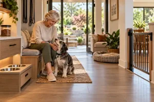 A bright, accessible pet-friendly home with an older woman and her dog, built-in feeding station, pet gate and easy outdoor access. Is this conversation helpful so far?