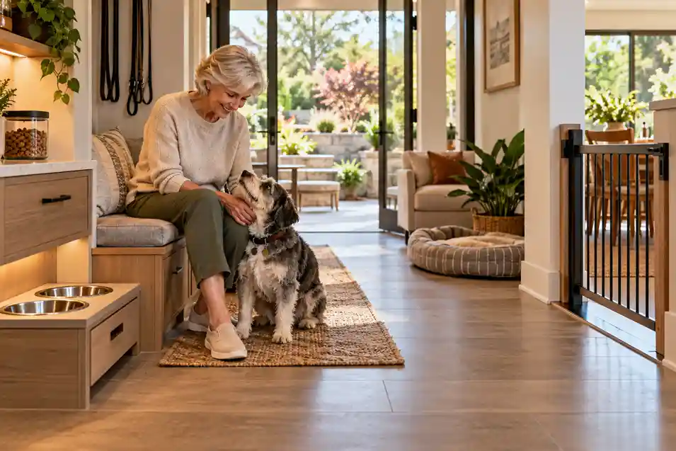 A bright, accessible pet-friendly home with an older woman and her dog, built-in feeding station, pet gate and easy outdoor access. Is this conversation helpful so far?