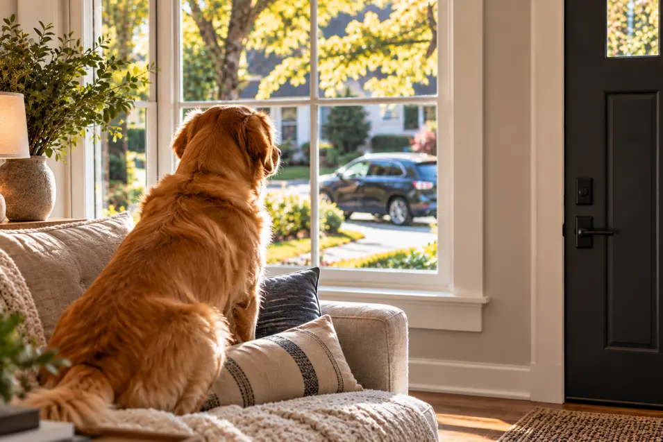 A Golden Retriever watches from the sofa as a car arrives outside a bright, sunlit home.