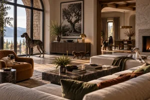 Five dog breeds share a sophisticated Mediterranean-inspired home filled with warm stone, natural wood and sweeping mountain views.